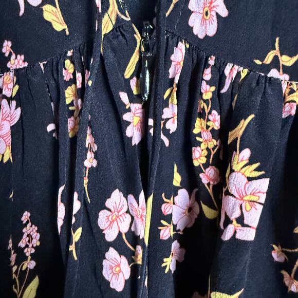 Les Reveries Black Floral Printed Short Sleeve A-Line Silk Midi Dress Size 4 - Picture 11 of 14